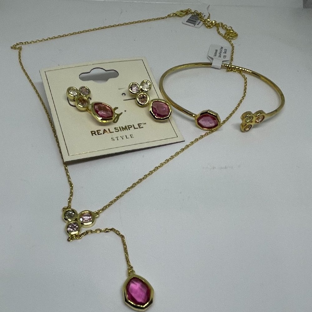 Real Simple Style Talia Necklace Bracelet & Earrings Gold w/Pink & Clear 3 items